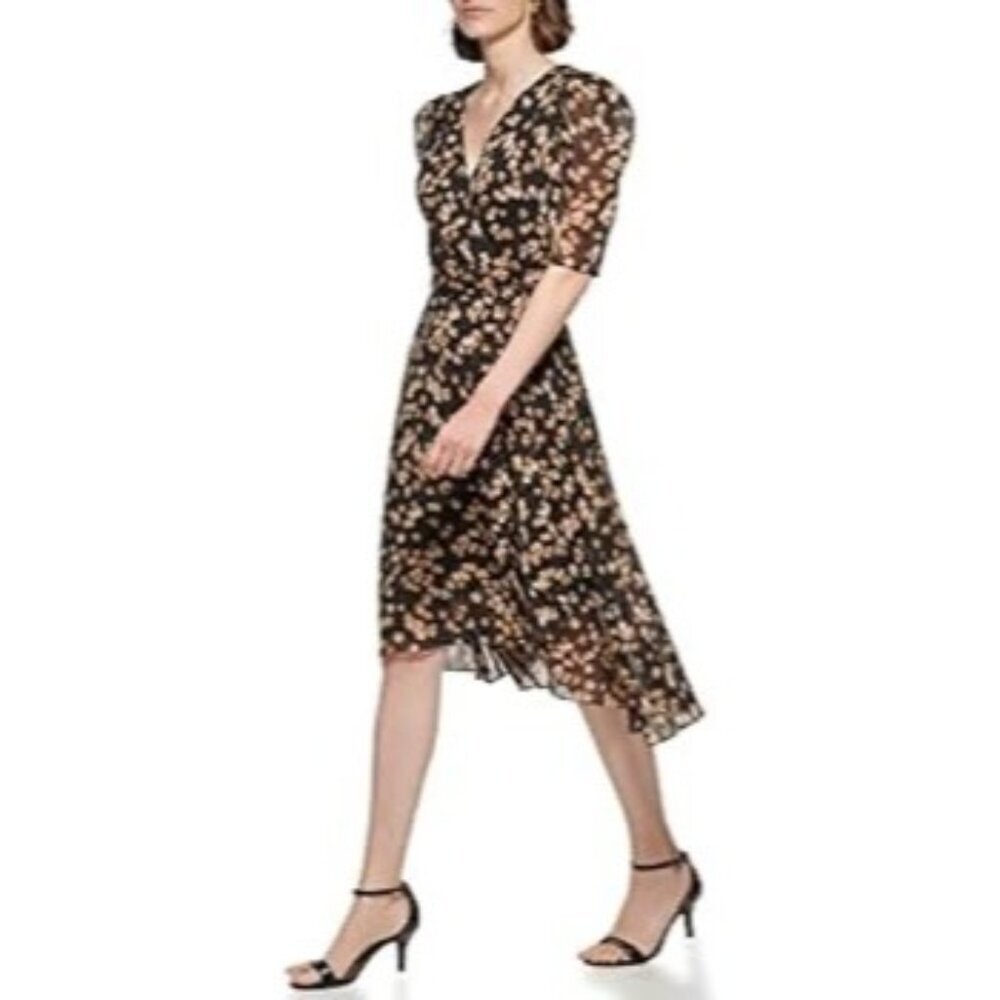Tommy Hilfiger SZ 2 Floral Wrap Dress Black Gold Flowers - Picture 1 of 10